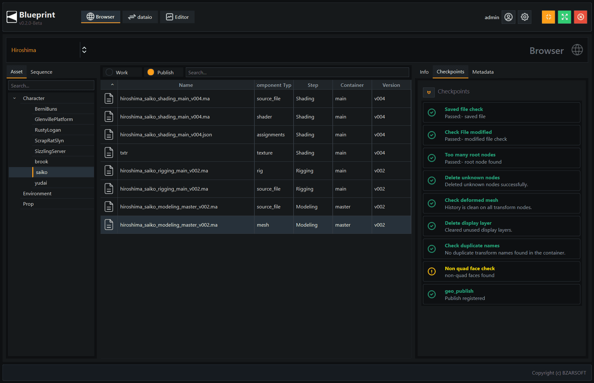 Blueprint production browser with production hierarchy, details, files, and checkpoint state.