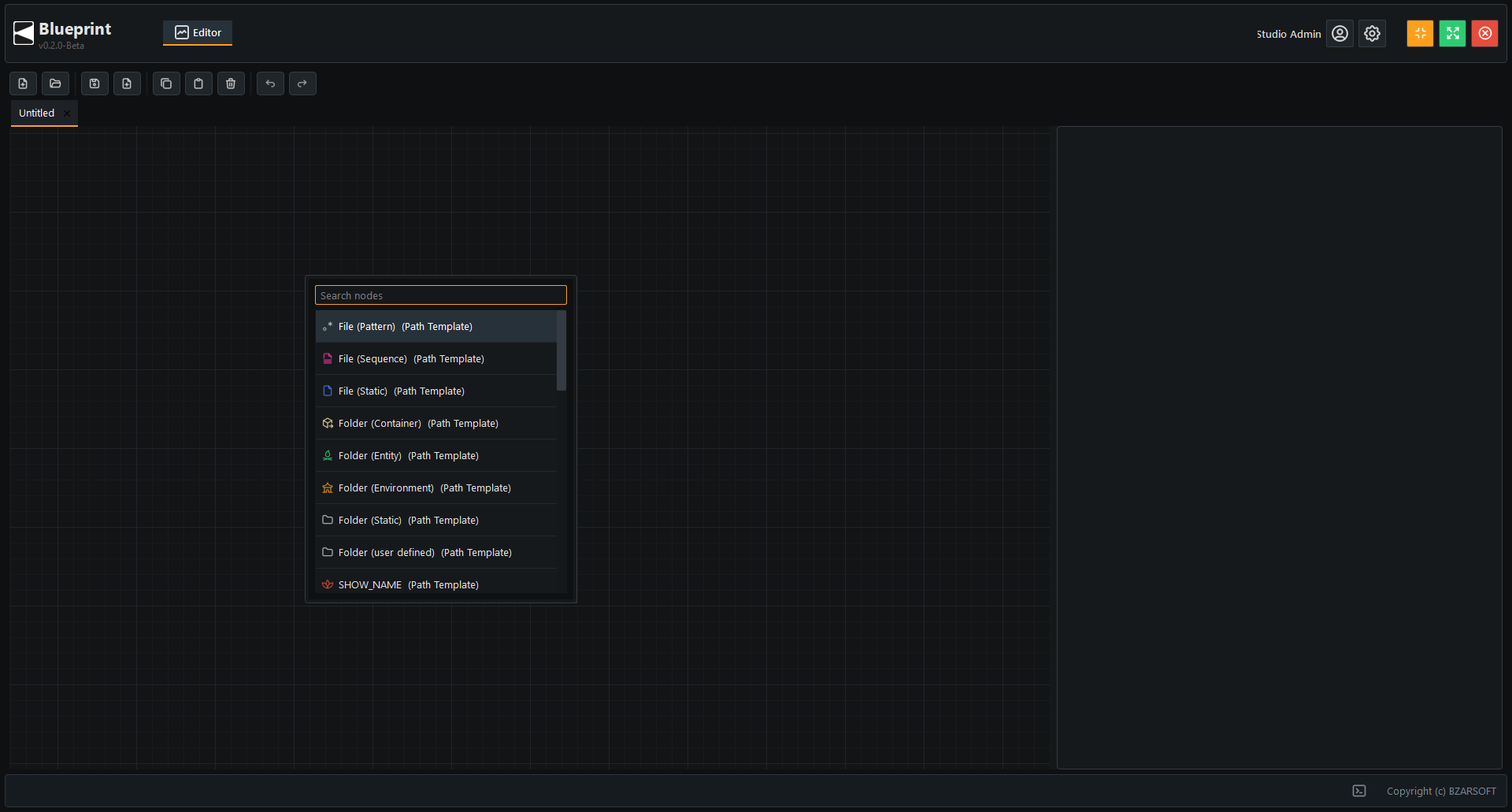 Node creation menu open in the graph workspace